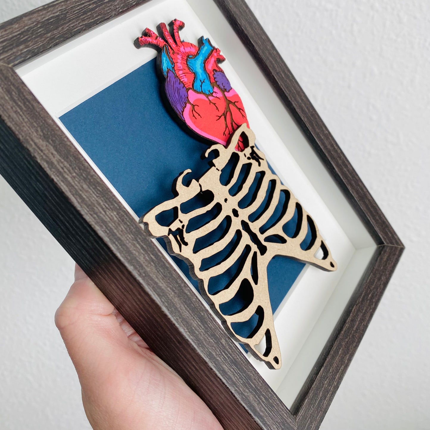 Ribcage + Anatomical Heart Woodcut Framed Painting